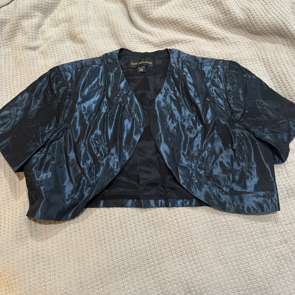 Vtg Scott McClintock Bolero Shrug Cropped Jacket 14W XL Black Blue‎ Shimmer SS